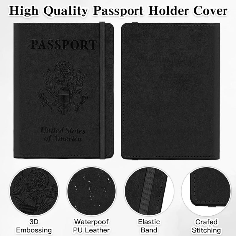 RHOttbiy Passport Holder for Travel, RFID Blocking Passport Cover with Pen Holder Leather Passport Wallet Case Travel Must Haves Accessories Passport Book Card Holder for Family Travel Essentials Gifts, Black - Image 4